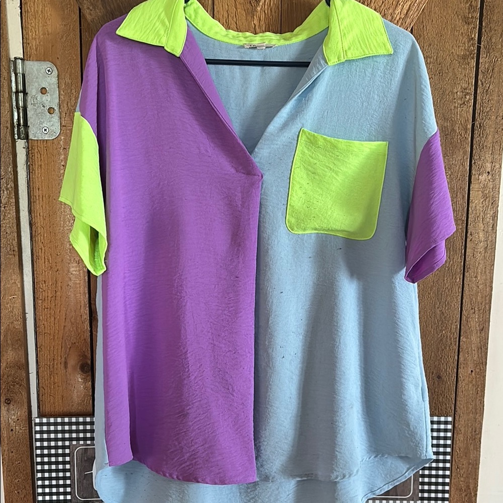 Colorblock Women's Top - Purple, Light Blue, Neon Green